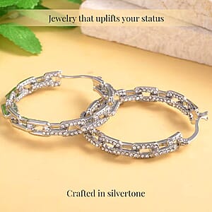 White Austrian Crystal Paper Clip Chain Hoop Earrings in Silvertone