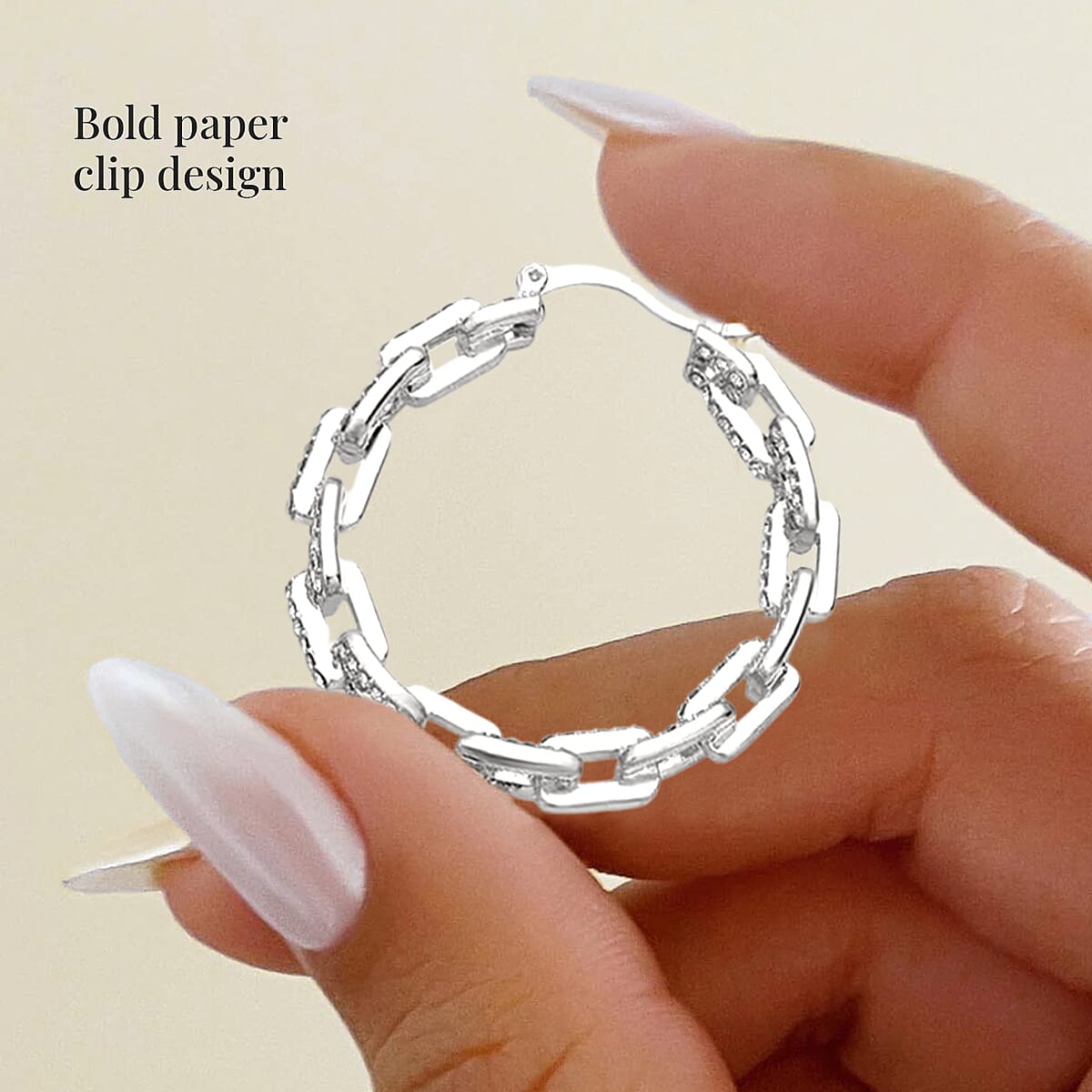 Doorbuster White Austrian Crystal Paper Clip Chain Hoop Earrings in Silvertone image number 3