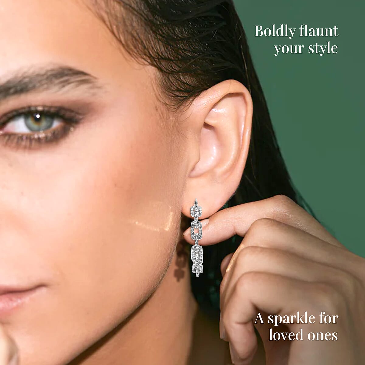 Doorbuster White Austrian Crystal Paper Clip Chain Hoop Earrings in Silvertone image number 4