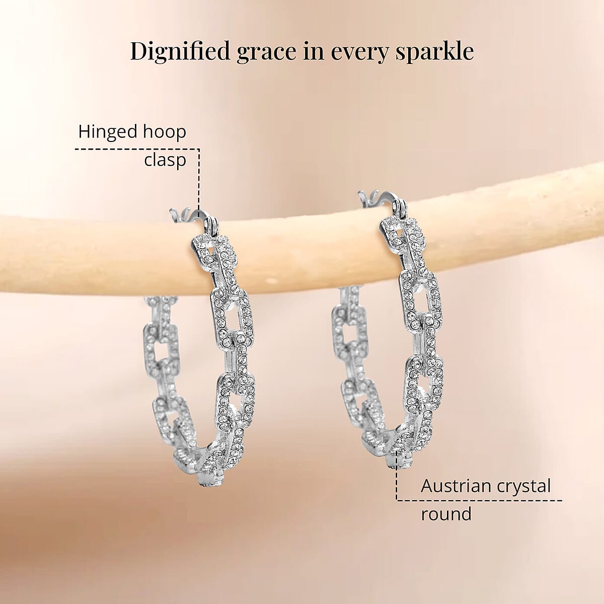 Doorbuster White Austrian Crystal Paper Clip Chain Hoop Earrings in Silvertone image number 5