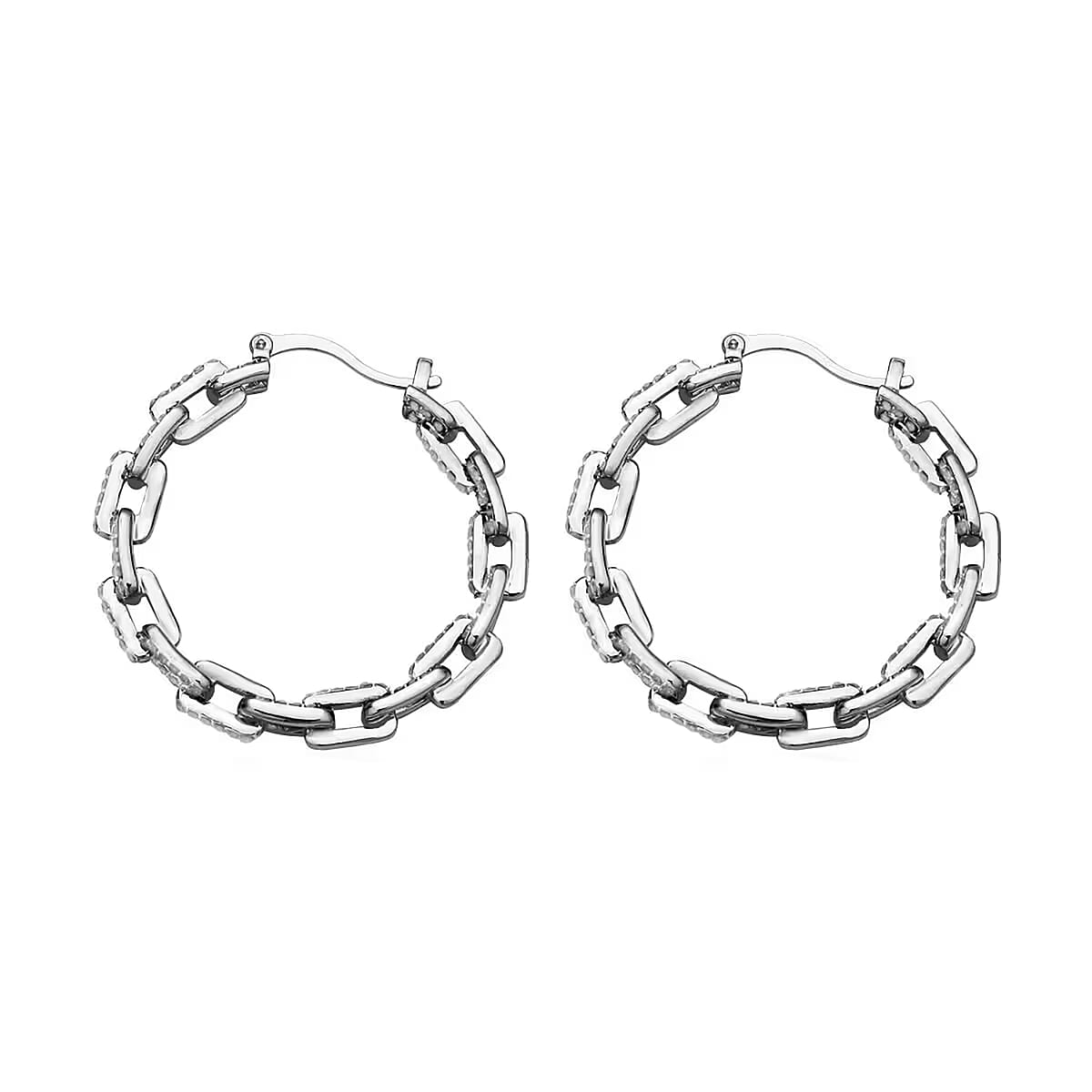 Doorbuster White Austrian Crystal Paper Clip Chain Hoop Earrings in Silvertone image number 7
