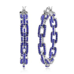 Blue Austrian Crystal Paper Clip Chain Hoop Earrings in Silvertone