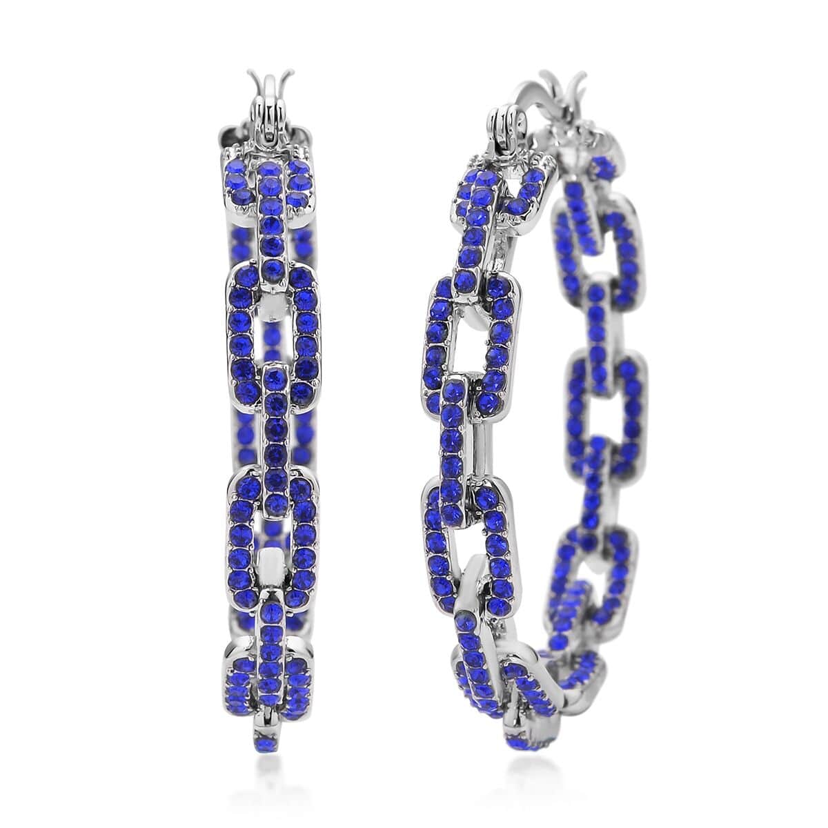 Blue Austrian Crystal Paper Clip Chain Hoop Earrings in Silvertone image number 0