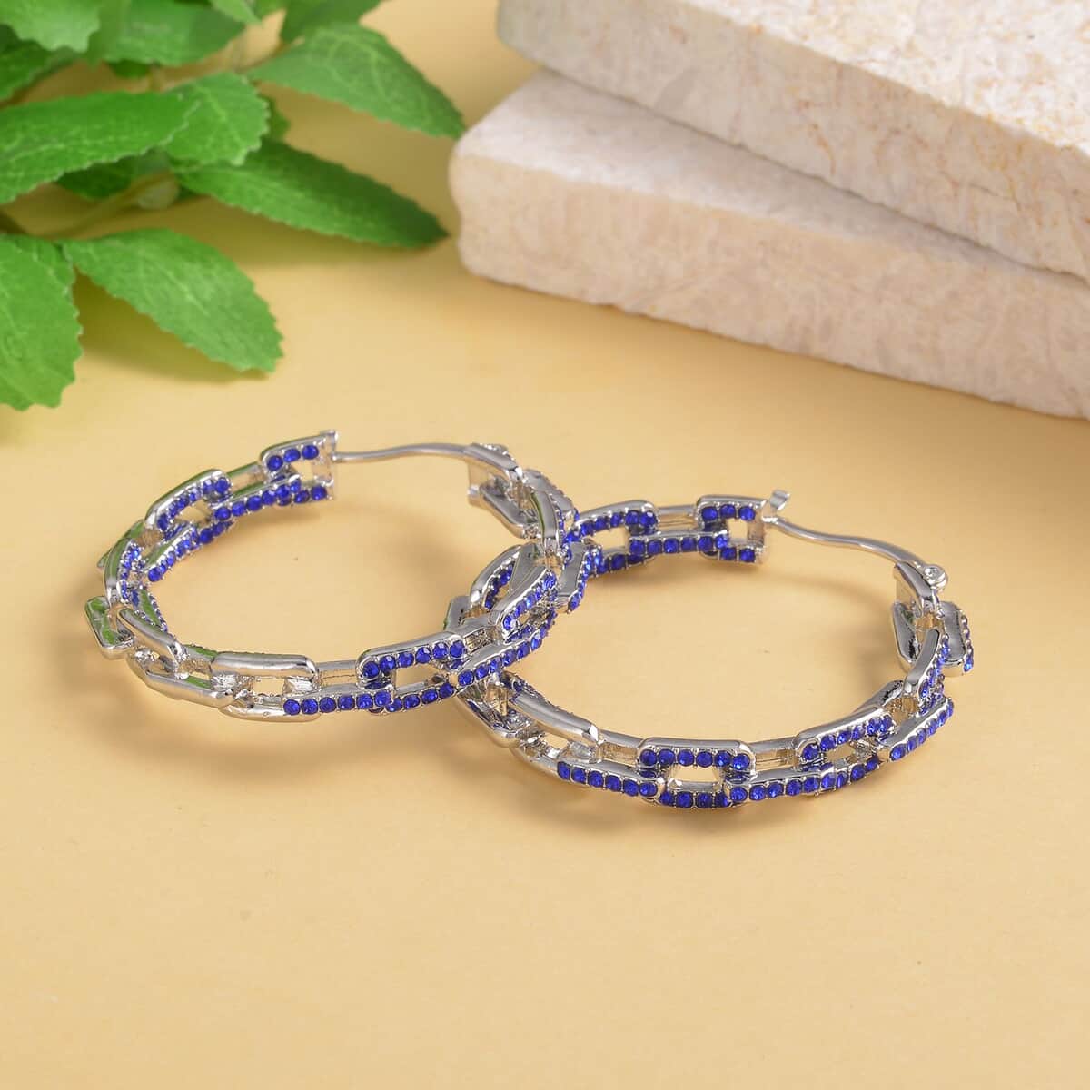 Blue Austrian Crystal Paper Clip Chain Hoop Earrings in Silvertone image number 1