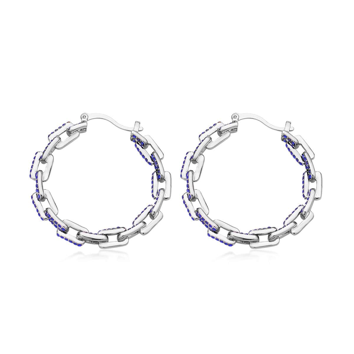 Blue Austrian Crystal Paper Clip Chain Hoop Earrings in Silvertone image number 3