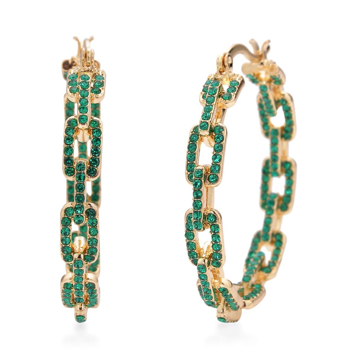 Green Austrian Crystal Paper Clip Chain Hoop Earrings in Goldtone image number 0