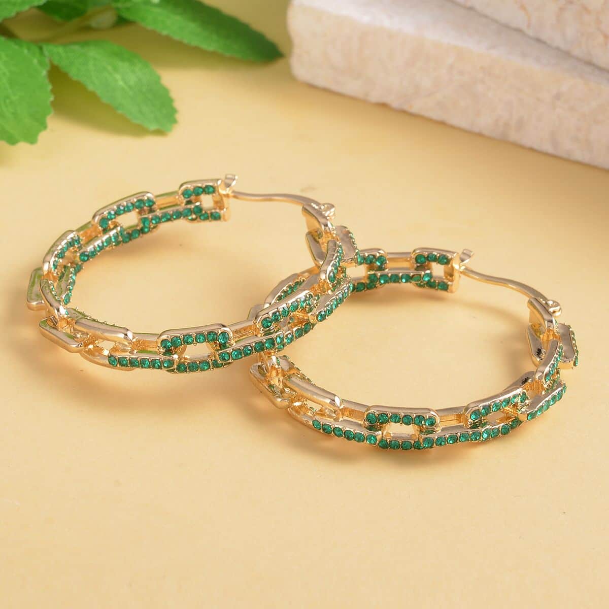 Green Austrian Crystal Paper Clip Chain Hoop Earrings in Goldtone image number 1