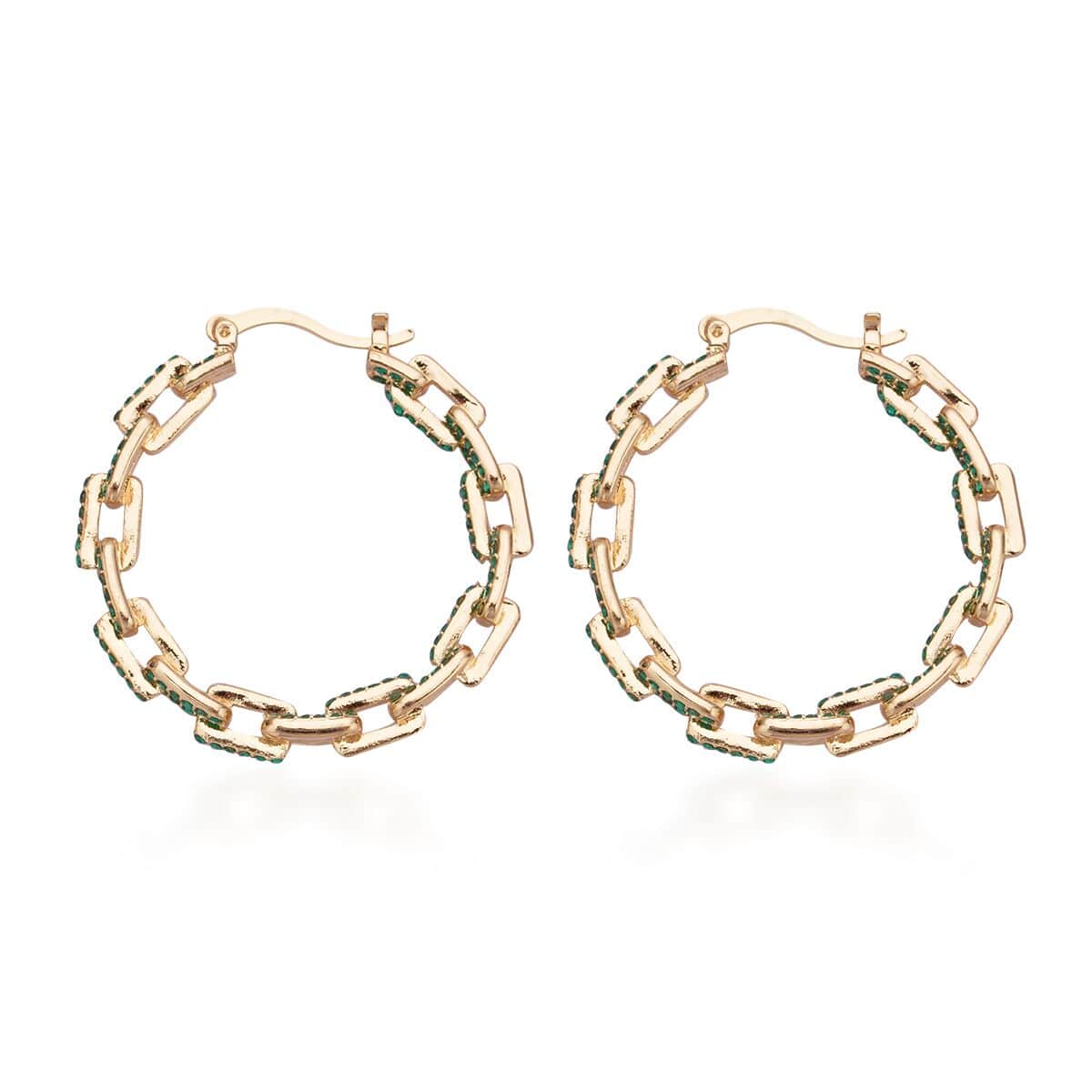 Green Austrian Crystal Paper Clip Chain Hoop Earrings in Goldtone image number 3