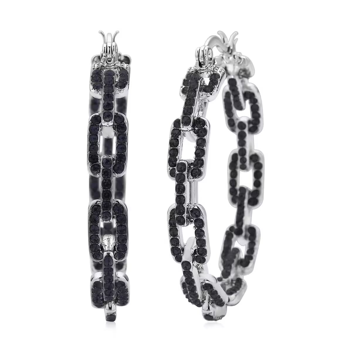 Black Austrian Crystal Paper Clip Chain Hoop Earrings in Silvertone image number 0