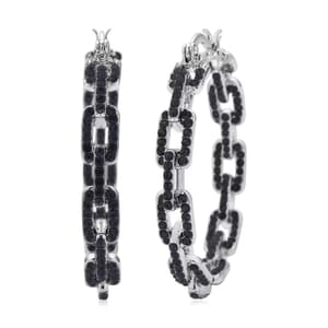 Black Austrian Crystal Paper Clip Chain Hoop Earrings in Silvertone