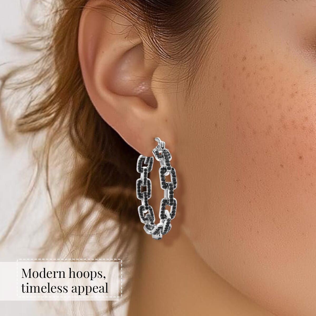 Black Austrian Crystal Paper Clip Chain Hoop Earrings in Silvertone image number 1