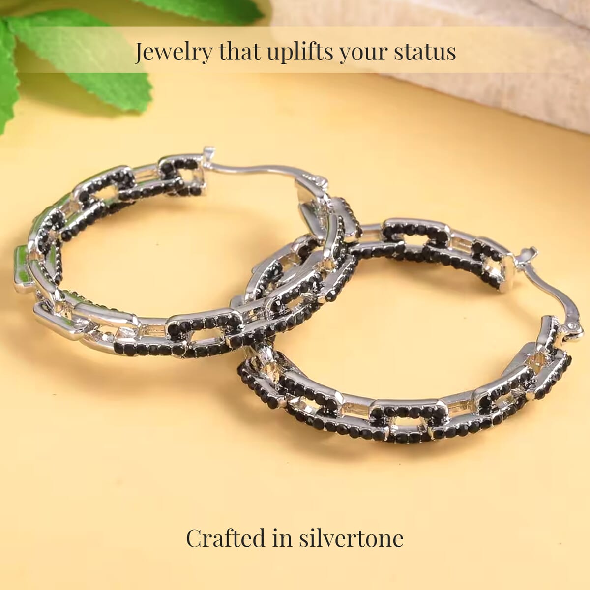 Black Austrian Crystal Paper Clip Chain Hoop Earrings in Silvertone image number 2