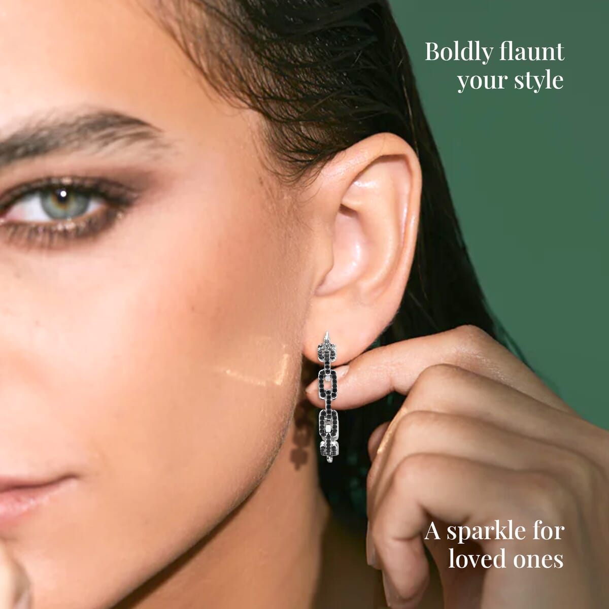 Black Austrian Crystal Paper Clip Chain Hoop Earrings in Silvertone image number 4