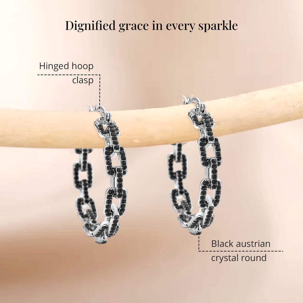 Black Austrian Crystal Paper Clip Chain Hoop Earrings in Silvertone image number 5