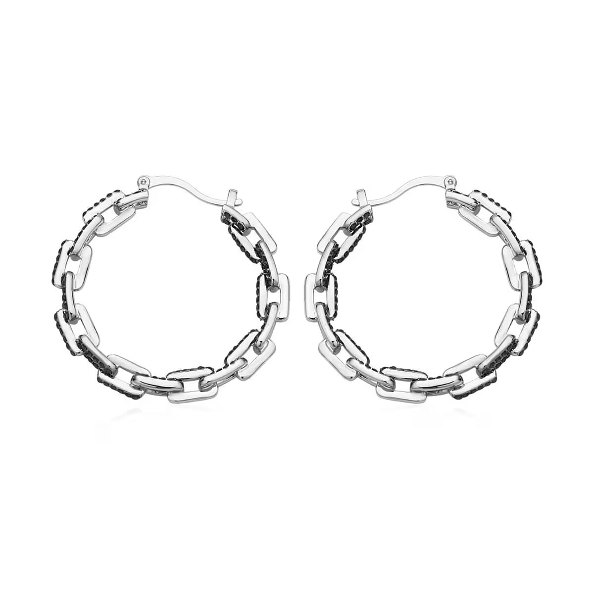 Black Austrian Crystal Paper Clip Chain Hoop Earrings in Silvertone image number 7