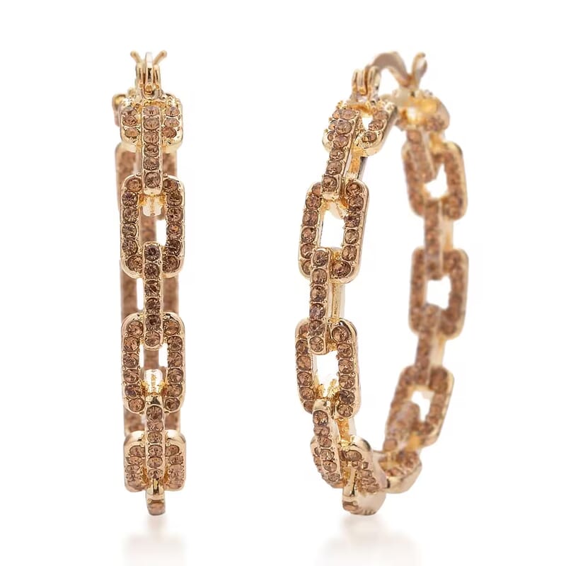 Champagne Austrian Crystal Paper Clip Chain Hoop Earrings in Goldtone