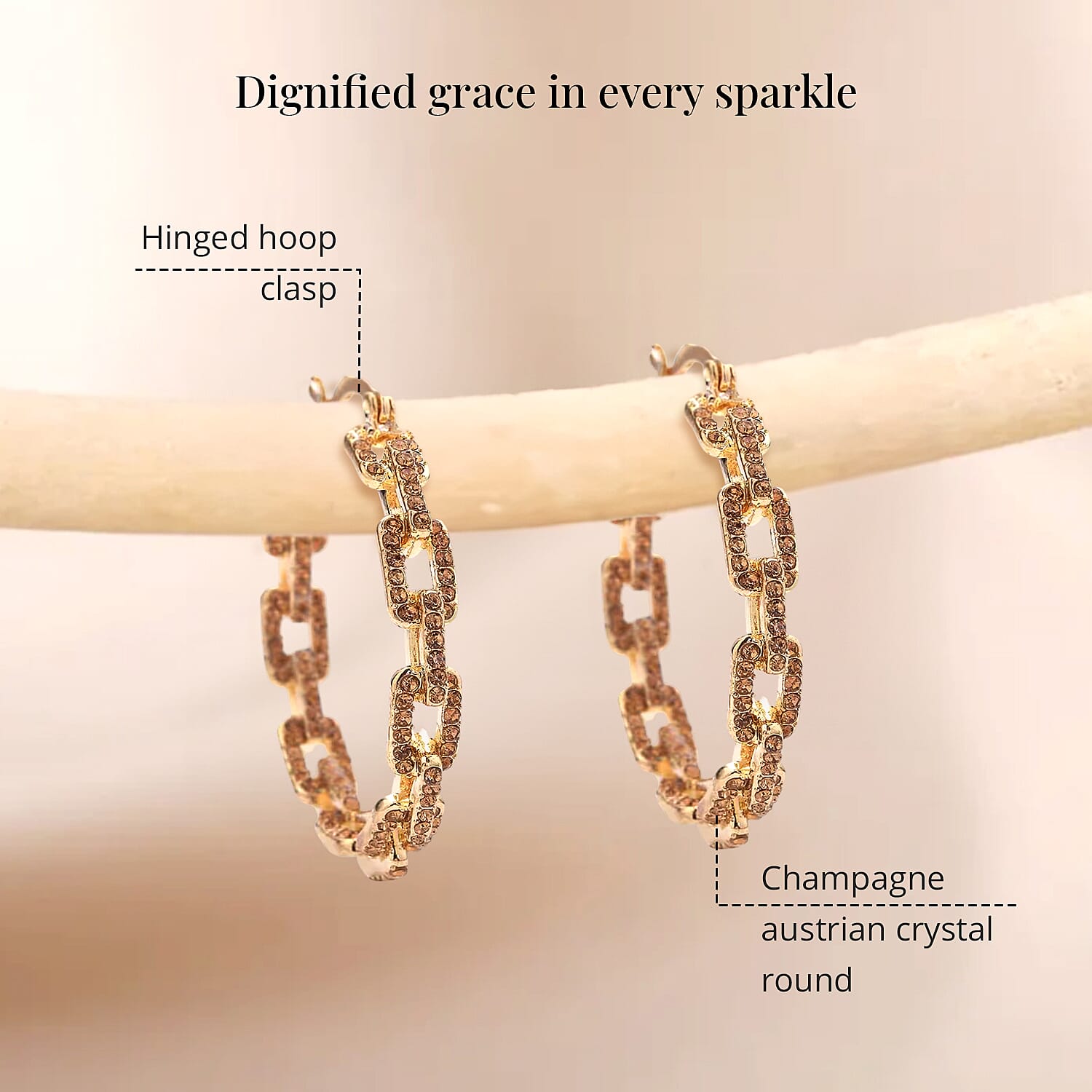 Champagne Austrian Crystal Paper Clip Chain Hoop Earrings in Goldtone