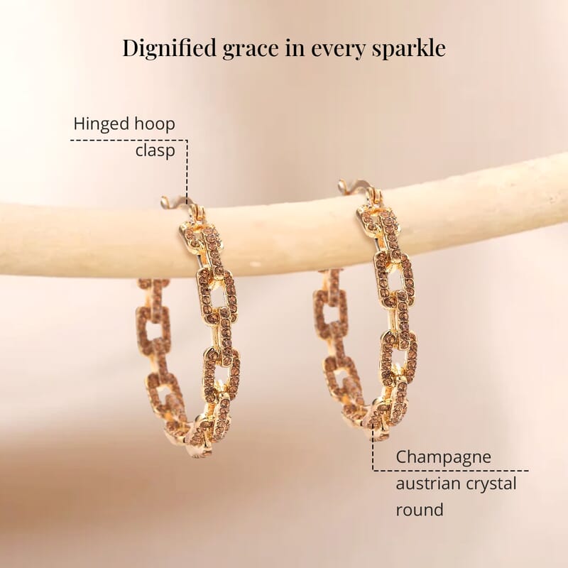 Champagne Austrian Crystal Paper Clip Chain Hoop Earrings in Goldtone