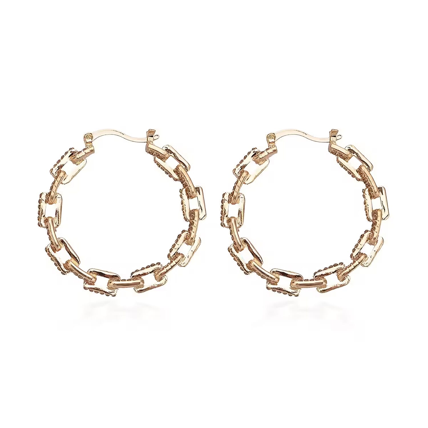Champagne Austrian Crystal Paper Clip Chain Hoop Earrings in Goldtone