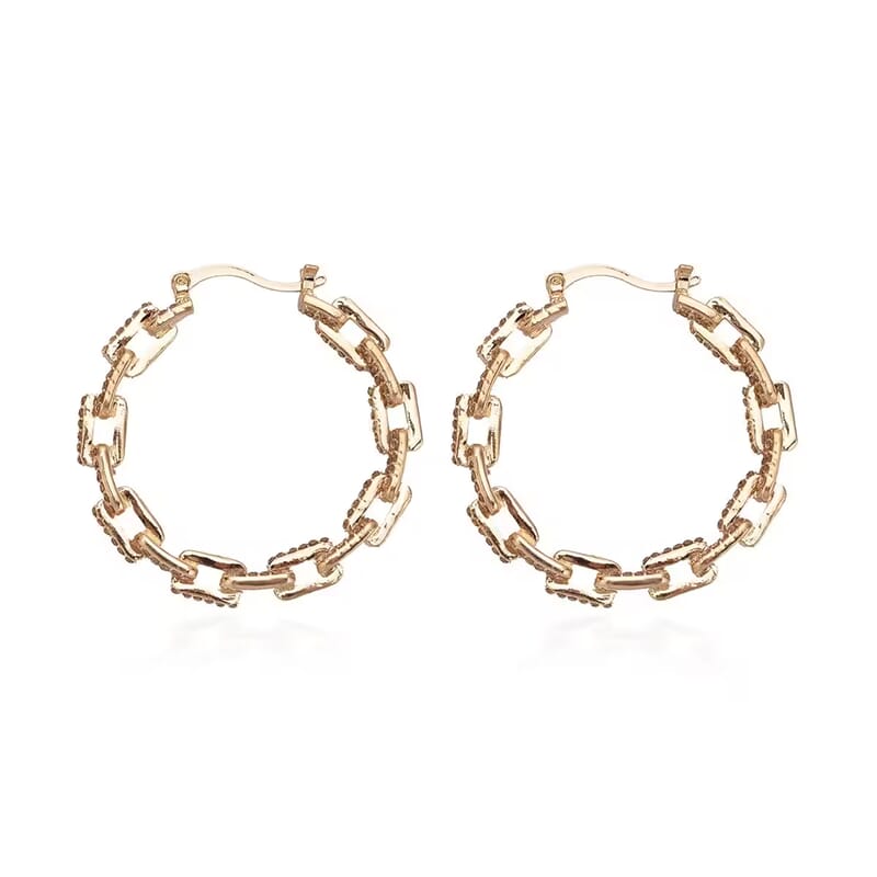 Champagne Austrian Crystal Paper Clip Chain Hoop Earrings in Goldtone