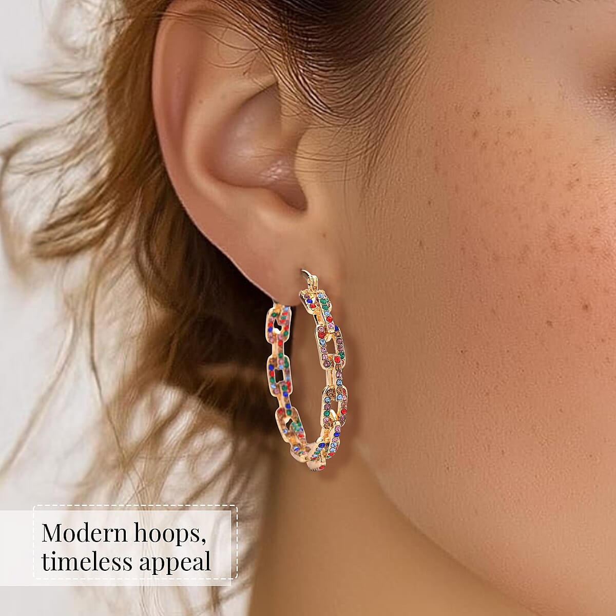 Doorbuster Multi Color Austrian Crystal Paper Clip Chain Hoop Earrings in Goldtone image number 1