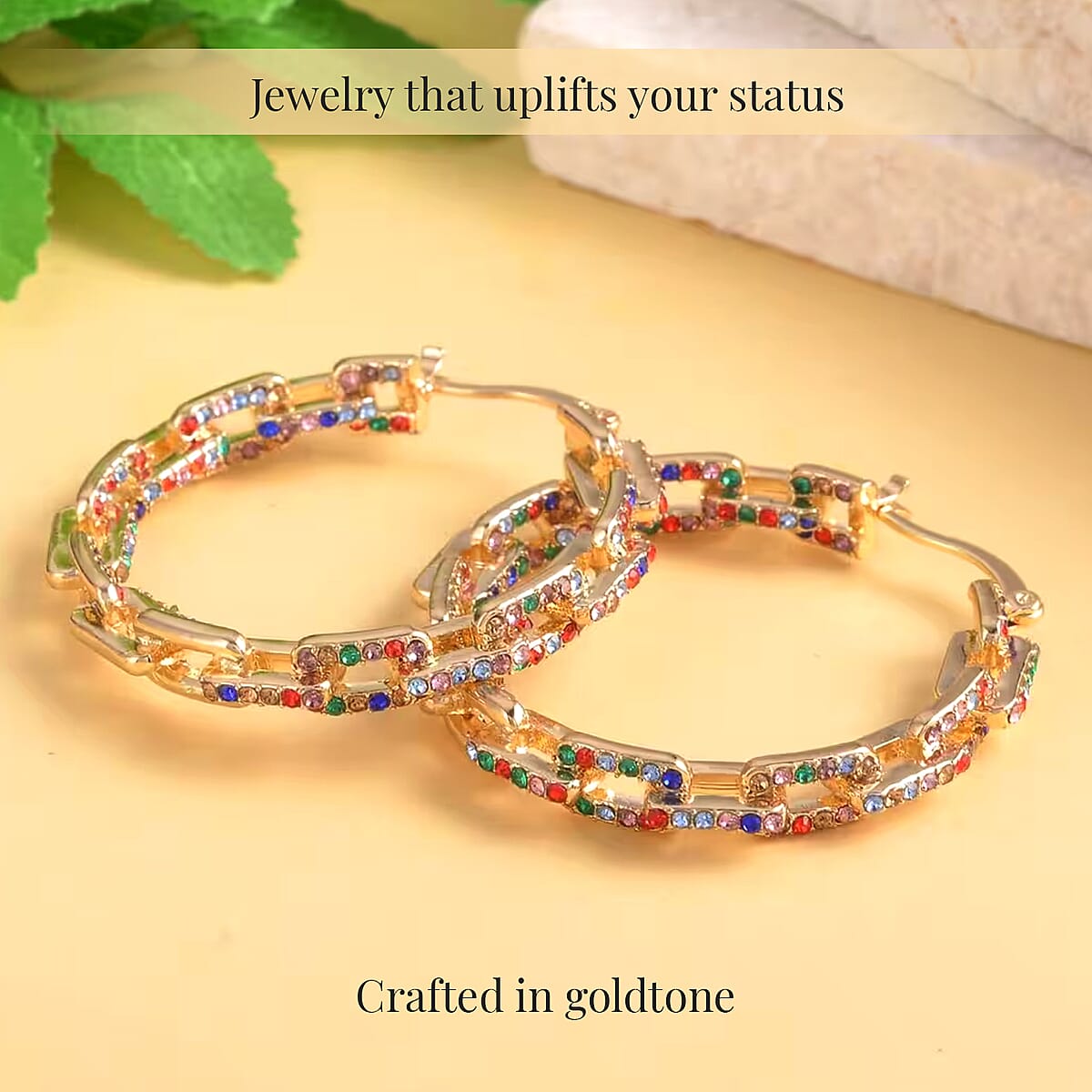 Doorbuster Multi Color Austrian Crystal Paper Clip Chain Hoop Earrings in Goldtone image number 2