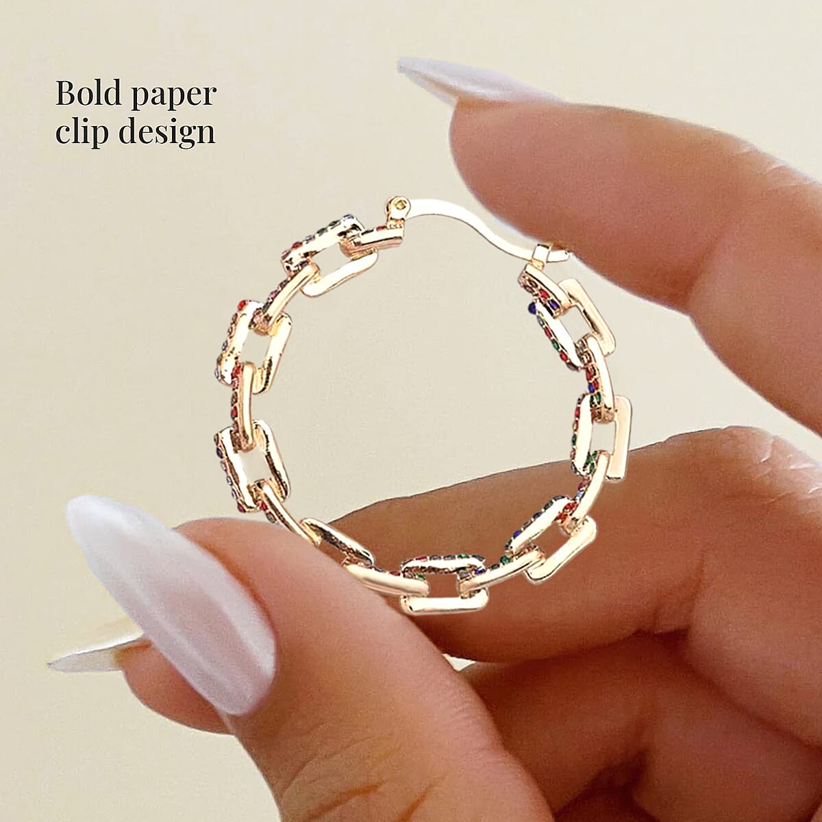 Doorbuster Multi Color Austrian Crystal Paper Clip Chain Hoop Earrings in Goldtone image number 3
