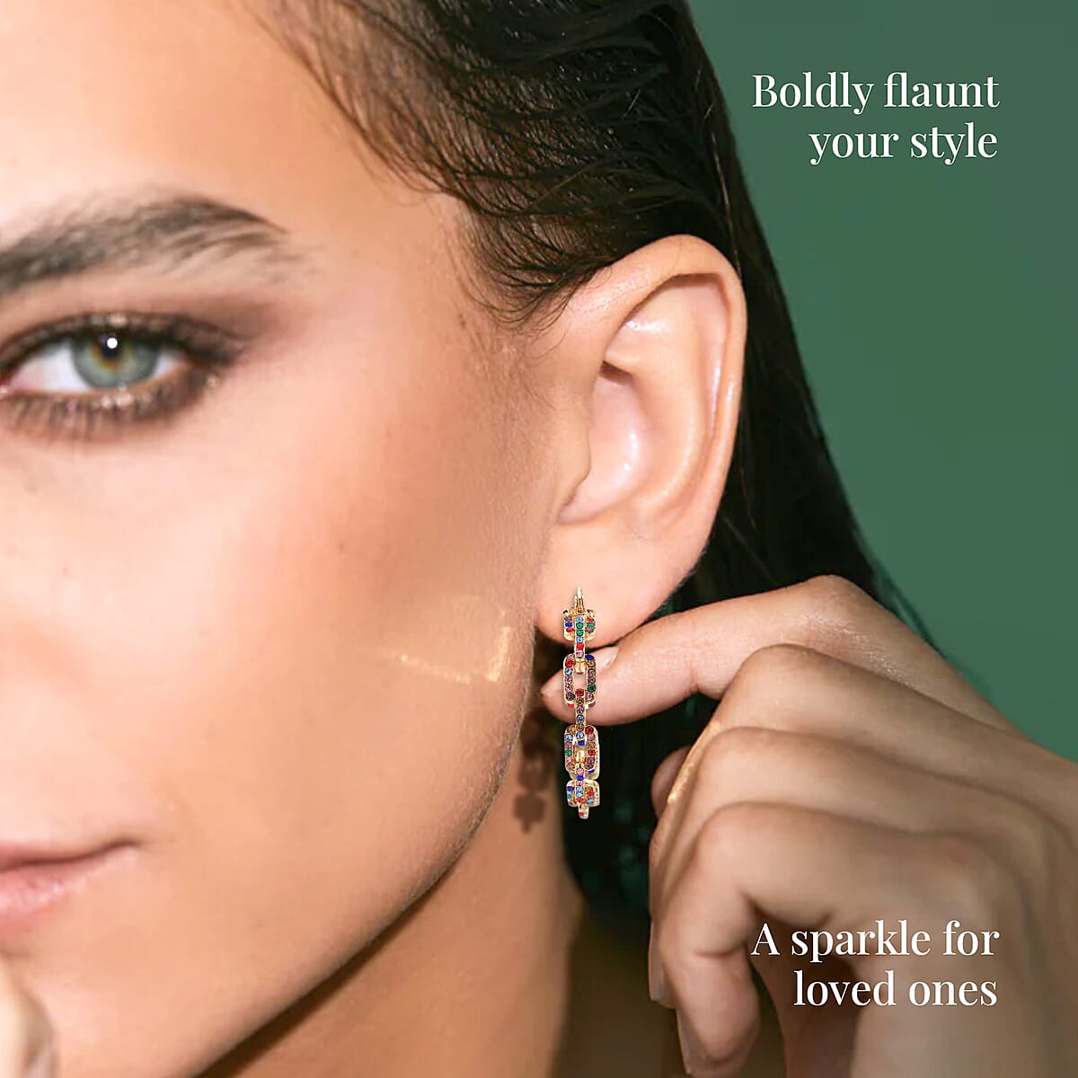 Doorbuster Multi Color Austrian Crystal Paper Clip Chain Hoop Earrings in Goldtone image number 4