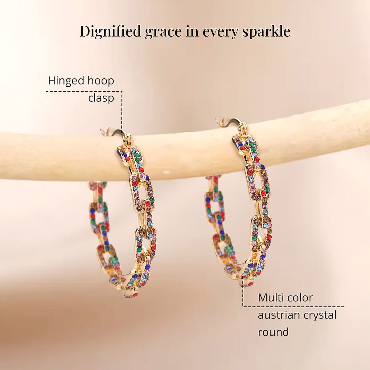 Doorbuster Multi Color Austrian Crystal Paper Clip Chain Hoop Earrings in Goldtone image number 5