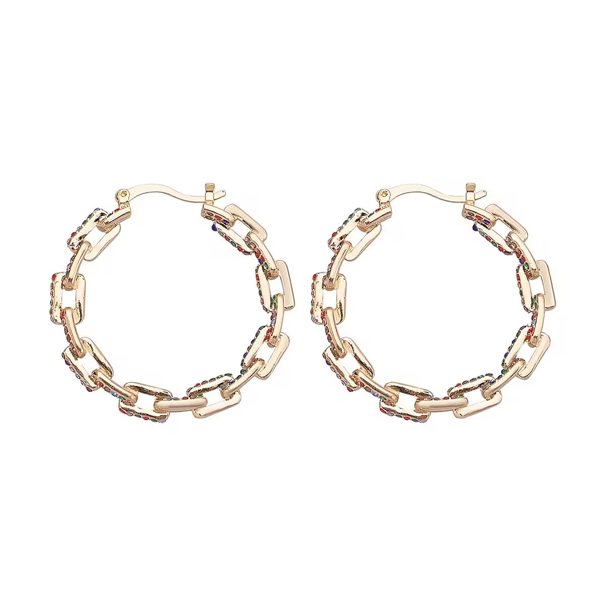 Doorbuster Multi Color Austrian Crystal Paper Clip Chain Hoop Earrings in Goldtone image number 7