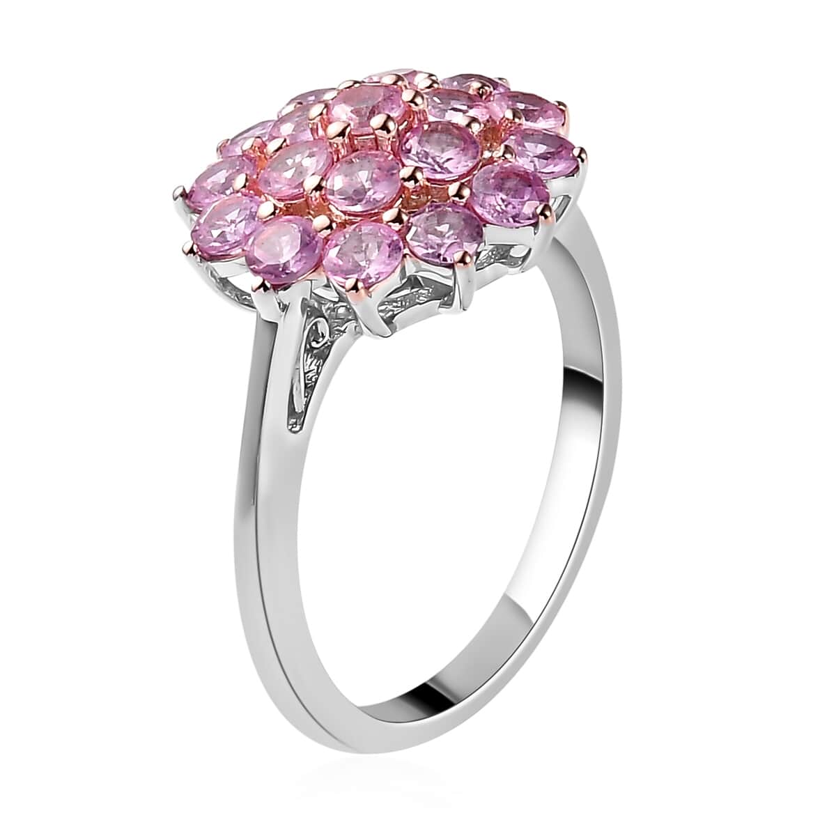 Madagascar Pink Sapphire Floral Ring in 14K Yellow Gold and Platinum Over Sterling Silver 1.75 ctw image number 3