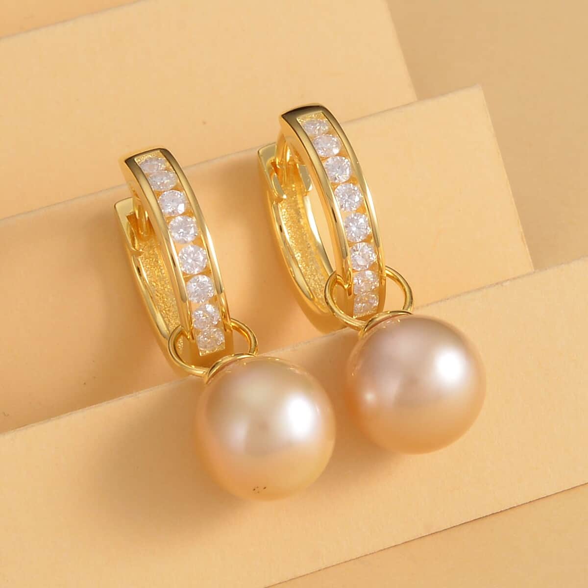 South Sea Pearl and Moissanite Earrings in Vermeil Yellow Gold Over Sterling Silver 0.50 ctw image number 1