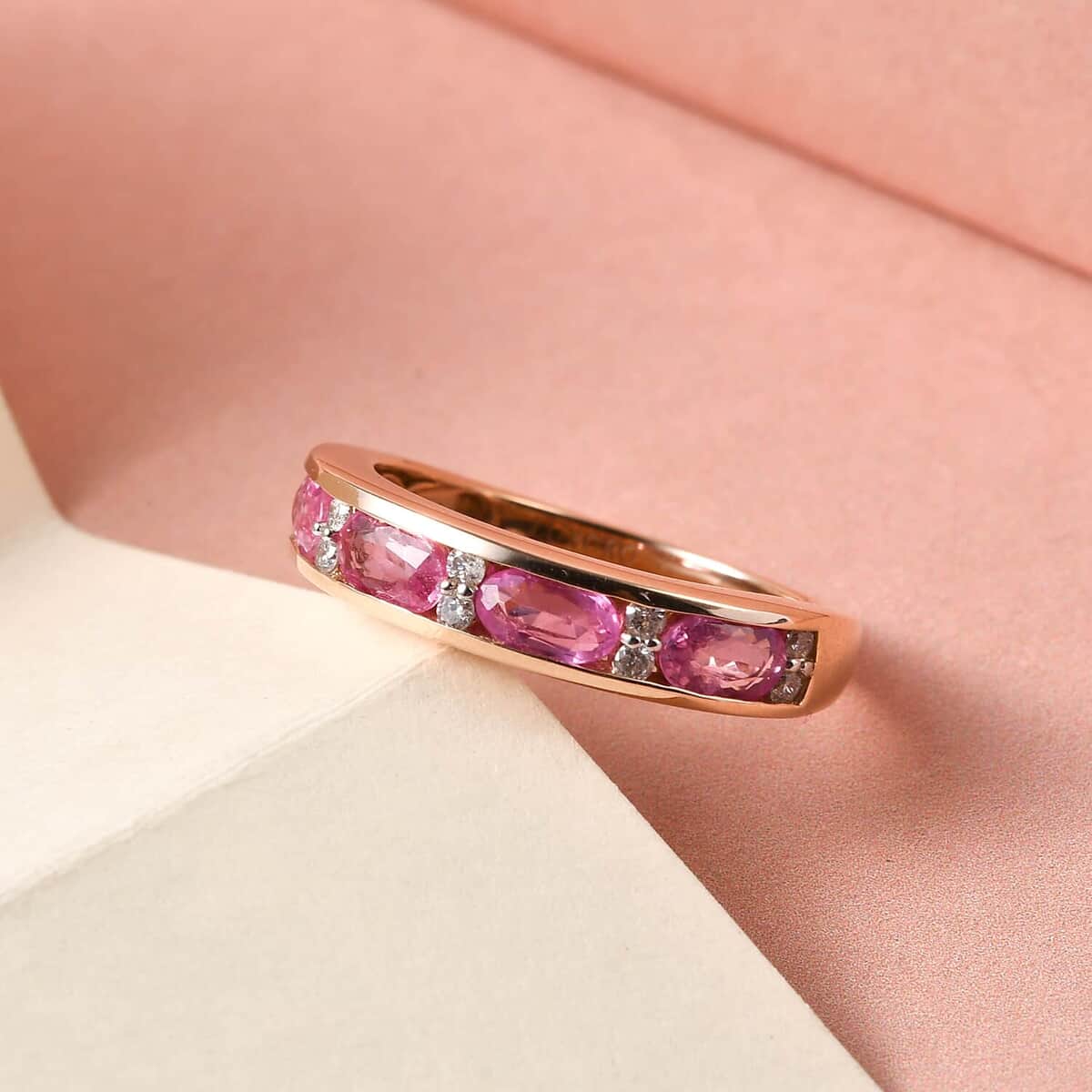 Luxoro 10K Rose Gold Premium Madagascar Pink Sapphire and Diamond Band Ring, Sapphire Jewelry, Birthday Anniversary Gift For Her 1.25 ctw (Size 7.0) image number 1