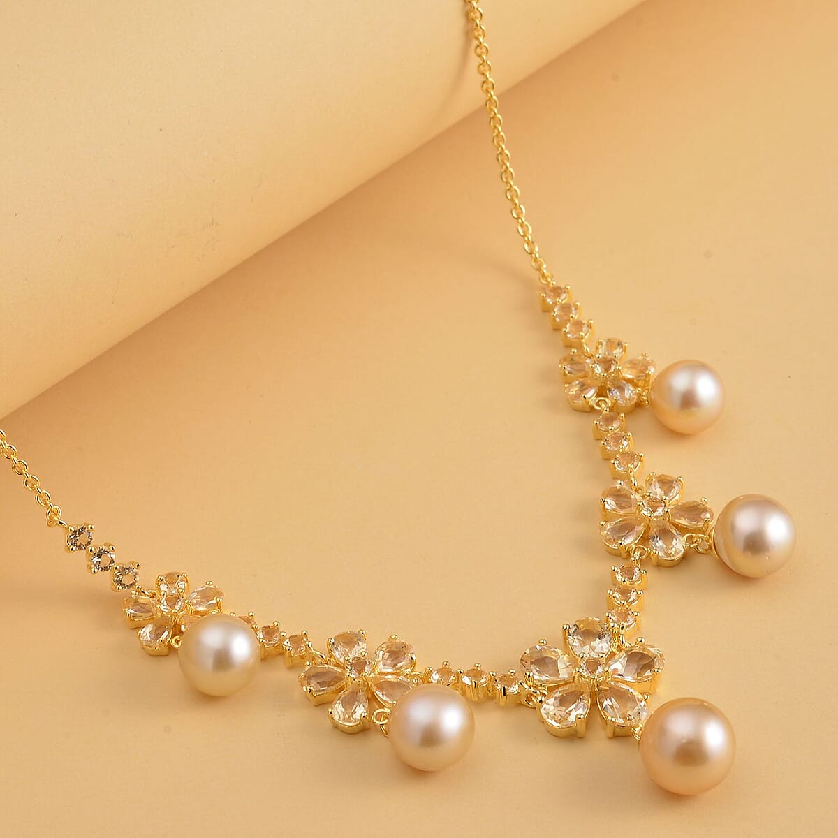 South Sea Pearl and Brazilian Citrine Bib Necklace 16-18 Inches in Vermeil Yellow Gold Over Sterling Silver 10.85 ctw image number 1