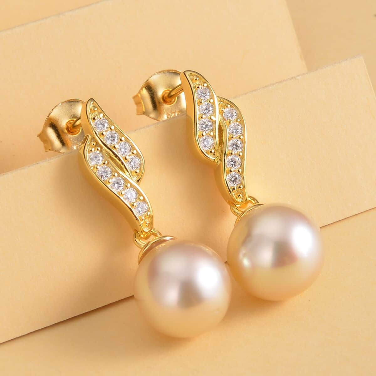 South Sea Pearl and Moissanite Drop Earrings in Vermeil Yellow Gold Over Sterling Silver 0.25 ctw image number 1