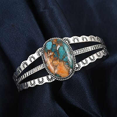 Santa Fe Style Spiny Turquoise Cuff Bracelet in Sterling Silver (6.50 In) 20.2 Grams 9.00 ctw