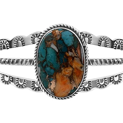 Santa Fe Style Spiny Turquoise Cuff Bracelet in Sterling Silver (6.50 In) 20.2 Grams 9.00 ctw
