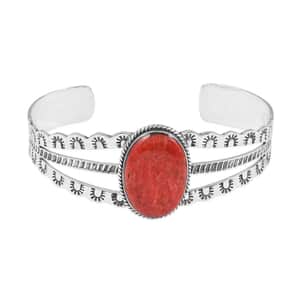 Santa Fe Style Red Coral Cuff Bracelet in Sterling Silver (6.50 In)