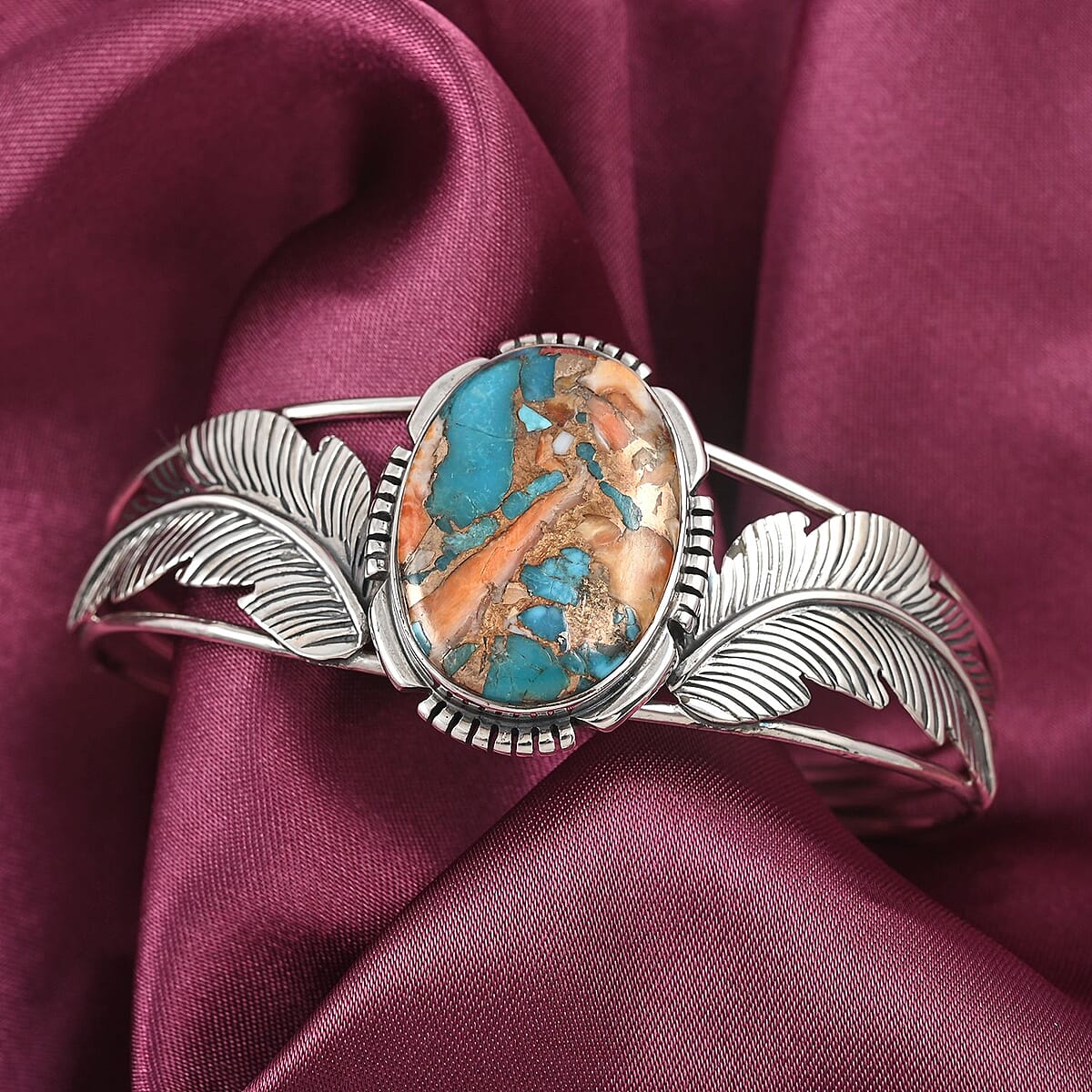 SANTA FE Style Red Coral Feather Cuff Bracelet in Sterling Silver (7.00 In) 20.30 Grams image number 1