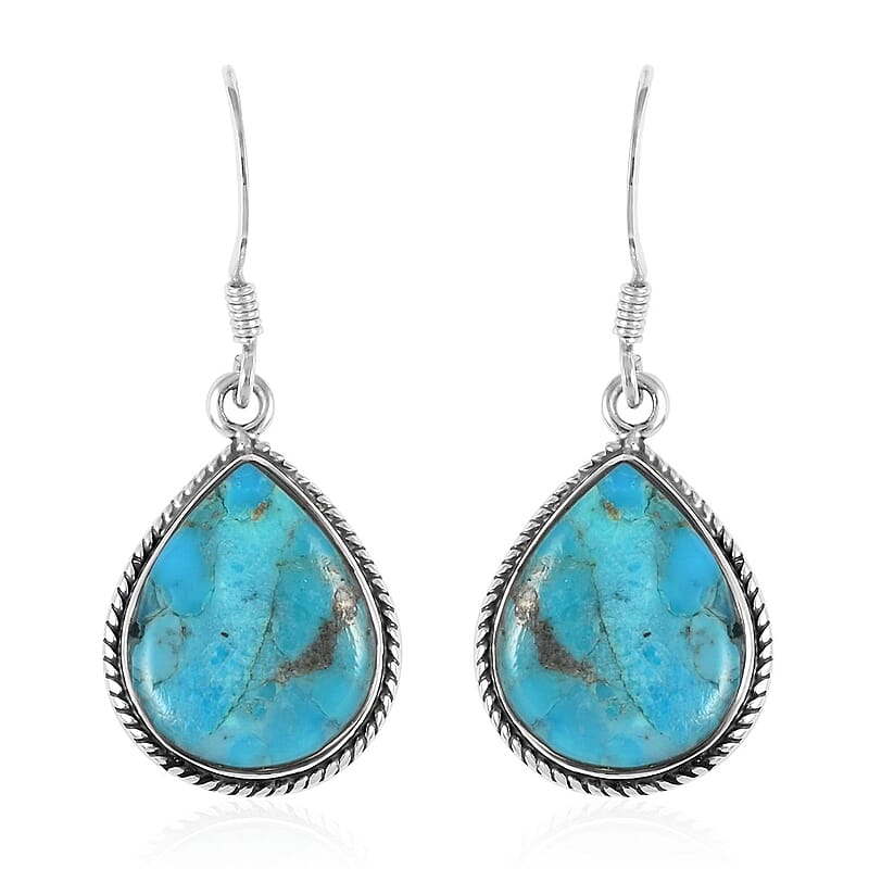 Santa Fe Style Kingman Turquoise Teardrop Dangle Earrings in Sterling Silver 12.00 ctw