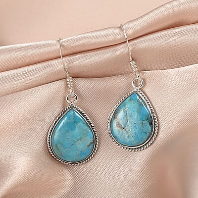 Santa Fe Style Kingman Turquoise Teardrop Dangle Earrings in Sterling Silver 12.00 ctw