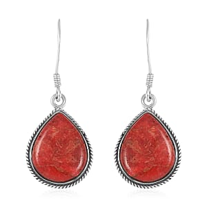 Santa Fe Style Enhanced Red Coral Teardrop Dangle Earrings in Sterling Silver 6.00 ctw