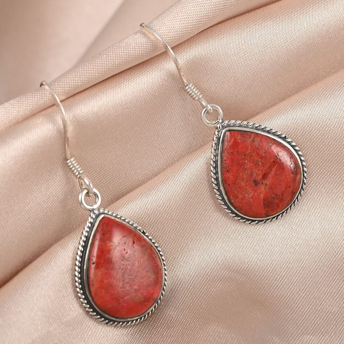 Santa Fe Style Enhanced Red Coral Teardrop Dangle Earrings in Sterling Silver 6.00 ctw image number 1