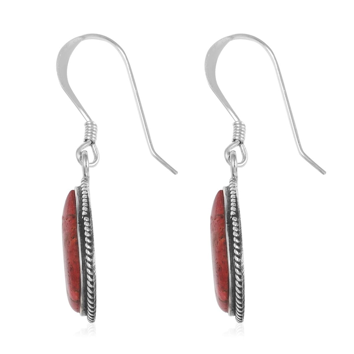 Santa Fe Style Enhanced Red Coral Teardrop Dangle Earrings in Sterling Silver 6.00 ctw image number 3