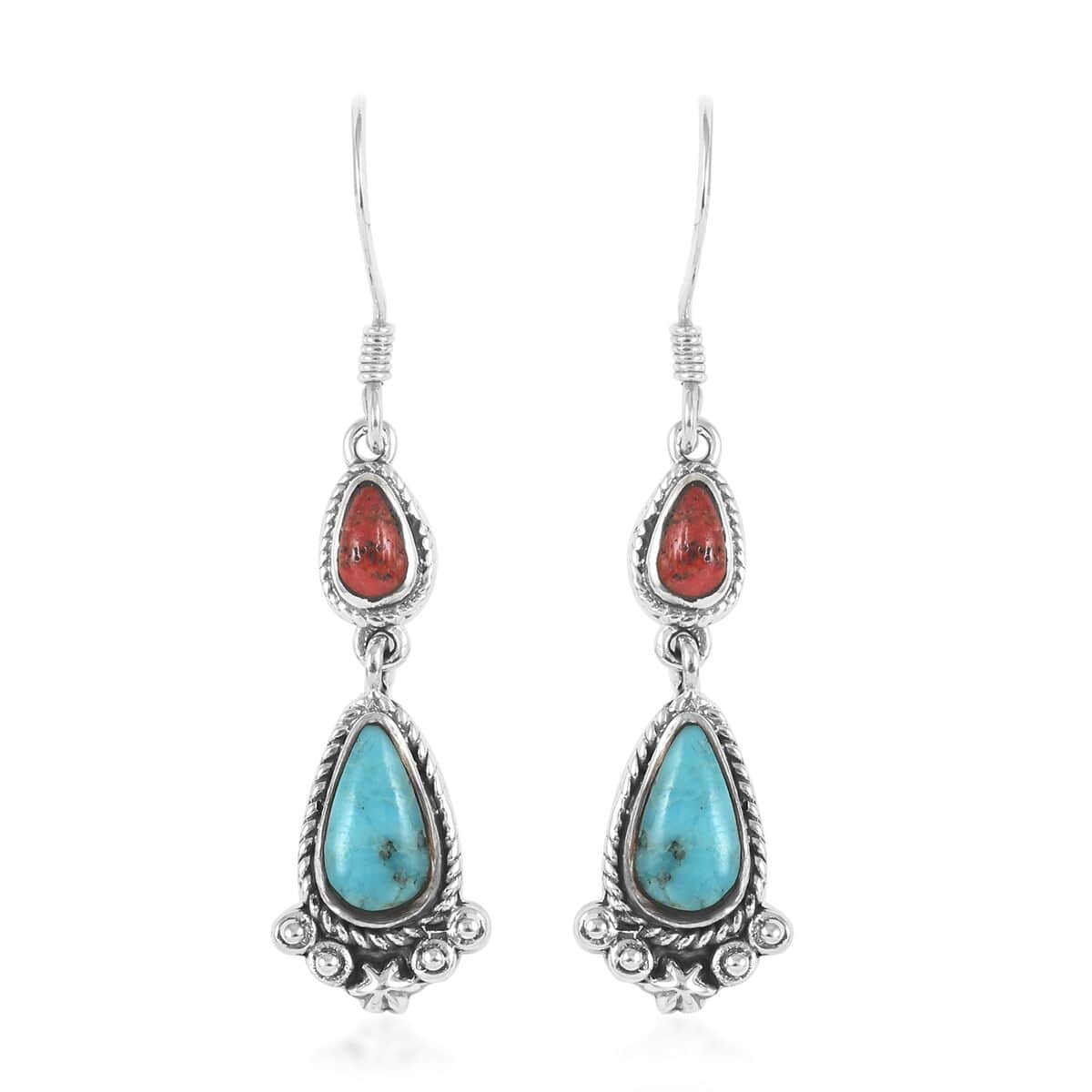 SANTA FE Style Kingman Turquoise and Red Coral Dangle Earrings in Sterling Silver 5.00 ctw image number 0