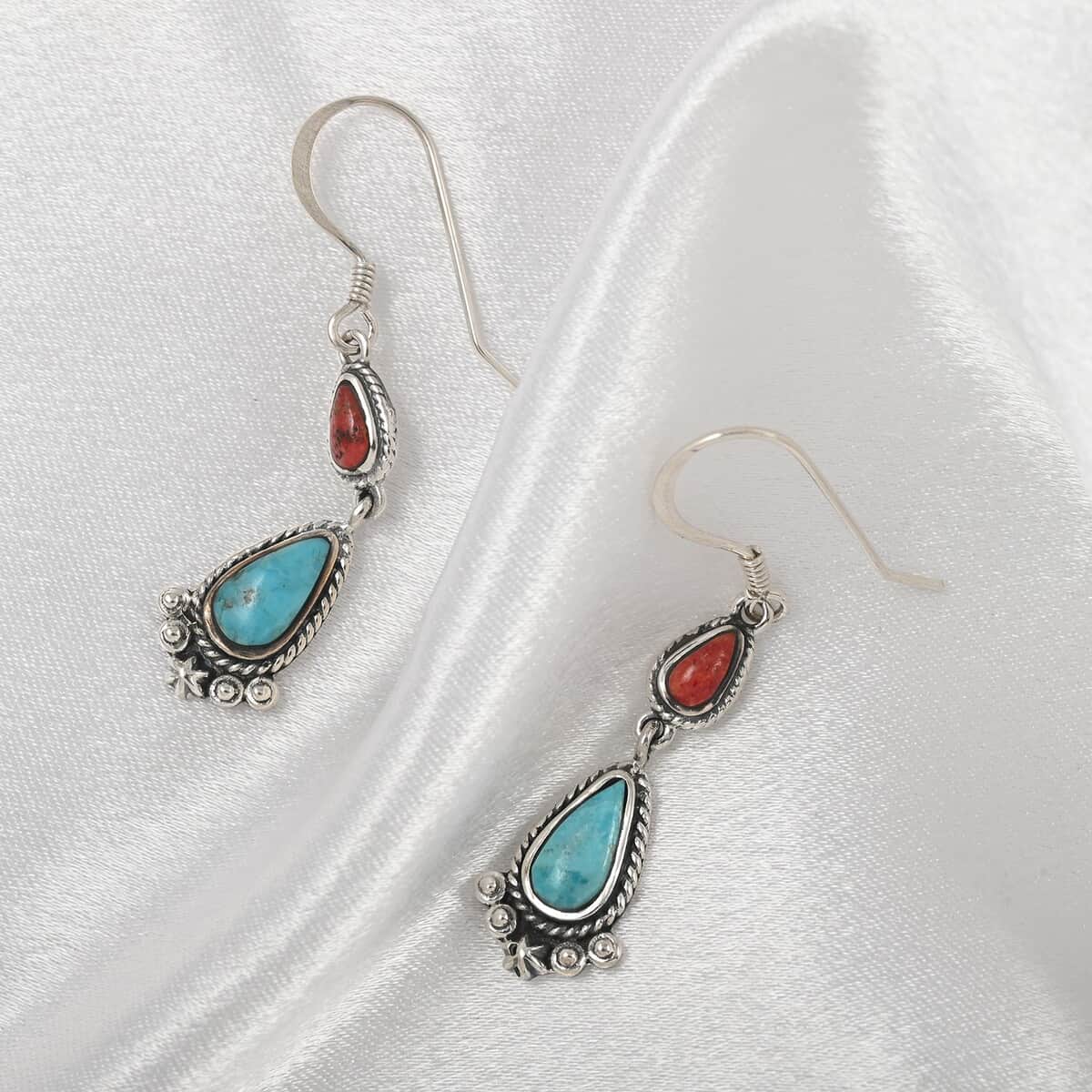 SANTA FE Style Kingman Turquoise and Red Coral Dangle Earrings in Sterling Silver 5.00 ctw image number 1