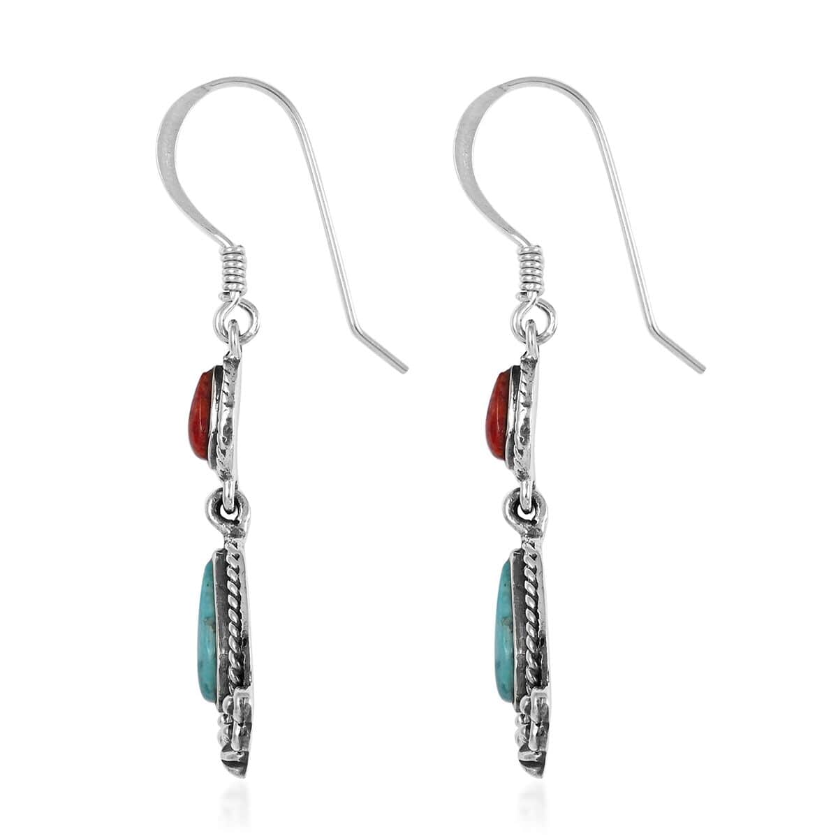 SANTA FE Style Kingman Turquoise and Red Coral Dangle Earrings in Sterling Silver 5.00 ctw image number 3
