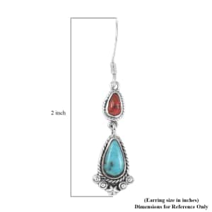 SANTA FE Style Kingman Turquoise and Red Coral Dangle Earrings in Sterling Silver 5.00 ctw