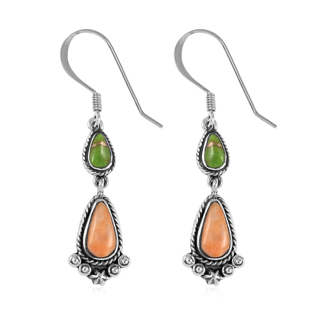 Santa Fe Style Orange Coral and Mojave Green Turquoise Dangle Earrings in Sterling Silver 2.00 ctw image number 0