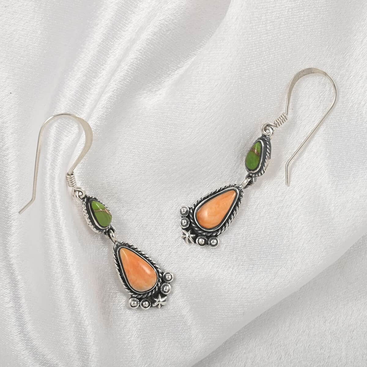 Santa Fe Style Orange Coral and Mojave Green Turquoise Dangle Earrings in Sterling Silver 2.00 ctw image number 1